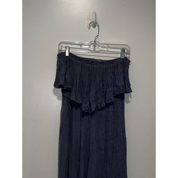 Elan  Navy Blue Off-Shoulder Ruffle Hem & Elastic Waist Women's Jumpsuit Size L - Picture 2 of 9